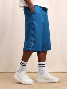 PLAYBOY X SUMWON Mens Blue Nylon Jorts Relaxed Fit Knee Length Graphic Print Summer Casual Basketball Shorts Wide Leg Drawstring Waistband Lightweight Streetwear - Blue - View 5