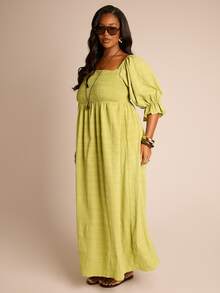 FASHION SZN Plus Size Dresses Bardot Off Shoulder Summer Holiday Vacation Festival Ibiza Loose Fit Midi Ladies Casual Boho Sun Dress Women Curve Long Maxi Clothes - Green - View 6