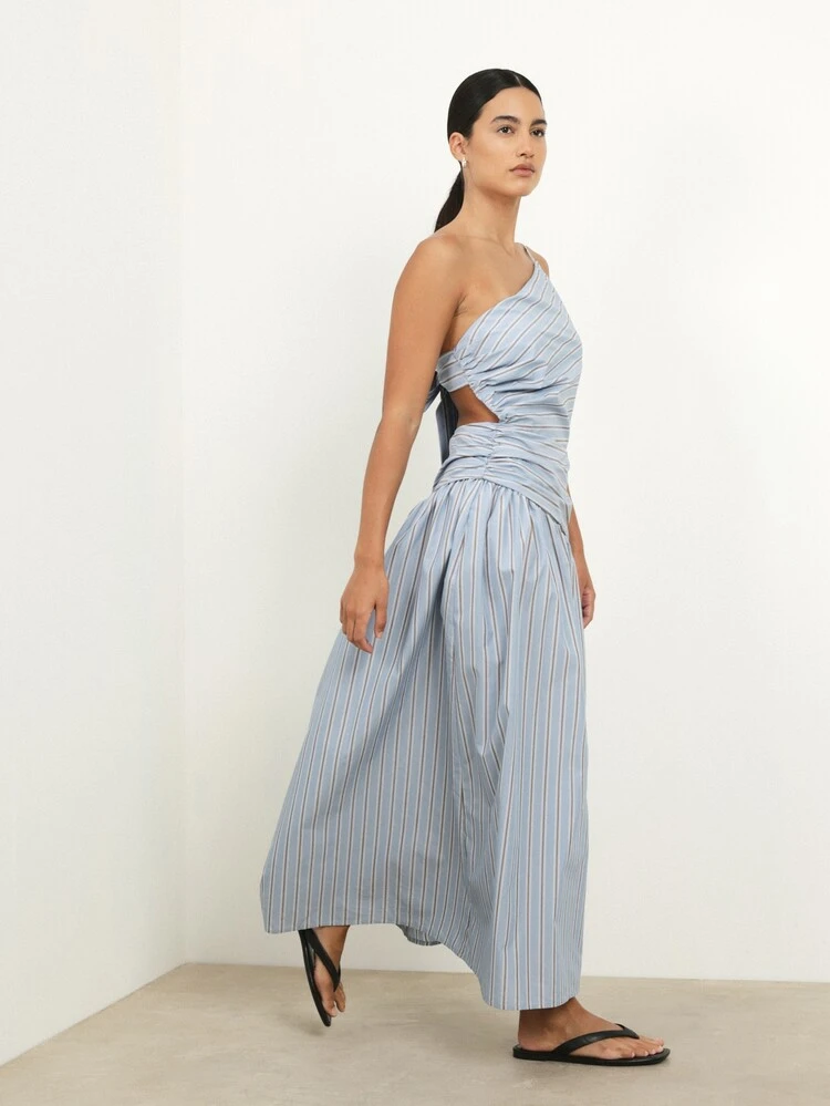 KSTM Asymmetric One Shoulder Striped Midi Dress With Cutout Back Detail And Tie Closure For Summer Occasions