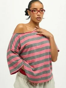 SUMWON WOMEN Áo thun nữ kẻ sọc trễ vai, tay ngắn, màu hồng xám, dáng rộng thoải mái, thắt nút, thích hợp cho mùa hè. - Nhiều màu - Xem 4