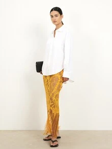 KSTM 女士金色蕾丝长款流苏半身裙，波西米亚风，适合节日、海滩等夏季穿着 - 黃色 - 查看 6