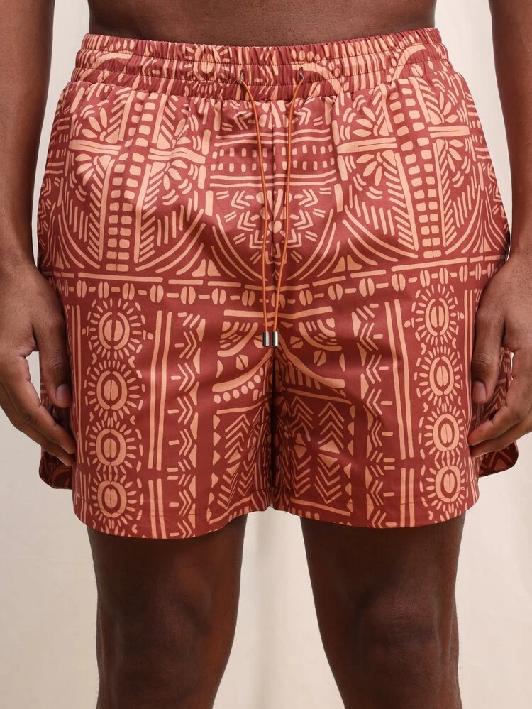 Men's Tropical Print Swim Trunks With Drawstring Mid Thigh Beach Shorts Summer Vacation Pool Swimming Resort Wear