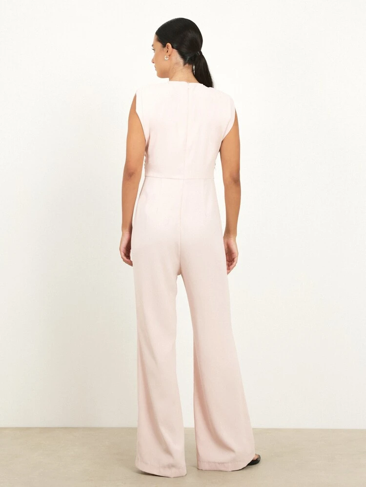 KSTM Women's Sleeveless Light Pink Palazzo Wide Leg Jumpsuit With Crew Neck And Relaxed Fit For Summer Casual Elegant Occasions