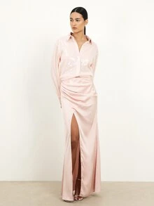 KSTM Women's Draped Wrap Maxi Skirt With High Side Slit For Evening Party Occasion - Pink - View 3