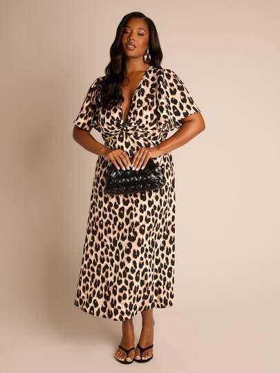 FASHION SZN Đầm midi nữ cỡ lớn họa tiết da báo, kiểu dáng thanh lịch, sang trọng, thích hợp cho các dịp như tiệc sinh nhật, kỳ nghỉ hè, tay ngắn, dáng rộng, họa tiết động vật quyến rũ, đầm dài dự tiệc brunch.