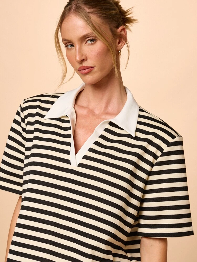 Striped Polo Collar T-Shirt With White Trim