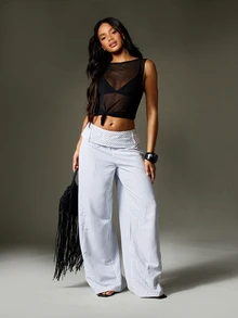 MISSGUIDED 女士高腰阔腿裤，竖条纹设计，翻折腰带，适合办公室休闲夏季穿着 - 彩色 - 查看 2