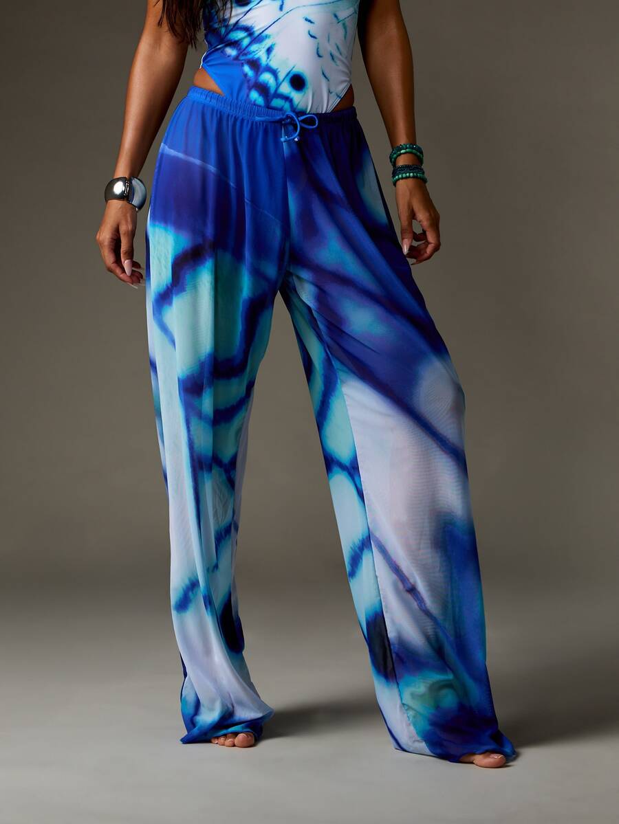 MISSGUIDED Women Tie Dye Beach Palazzo Pants Wide Leg Drawstring Waist Summer Vacation Flowing Casual Pants - Multicolor - View 1