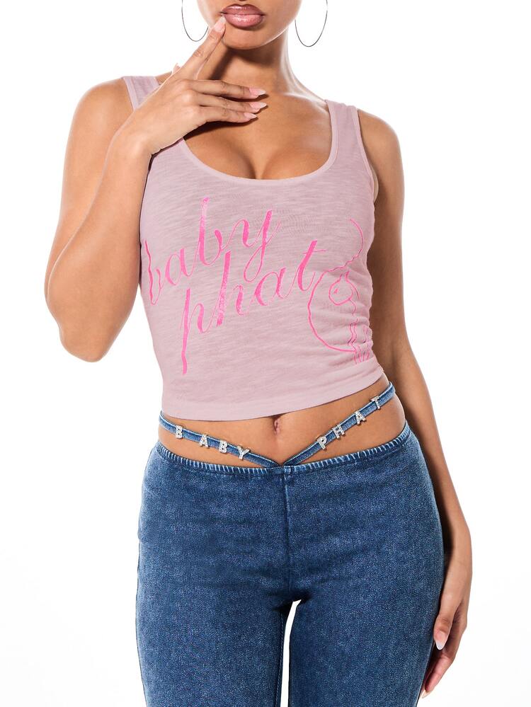 BABYPHAT Women's Cursive Script Print Tank Top With Scoop Neckline And Fitted Silhouette For Casual Summer Wear