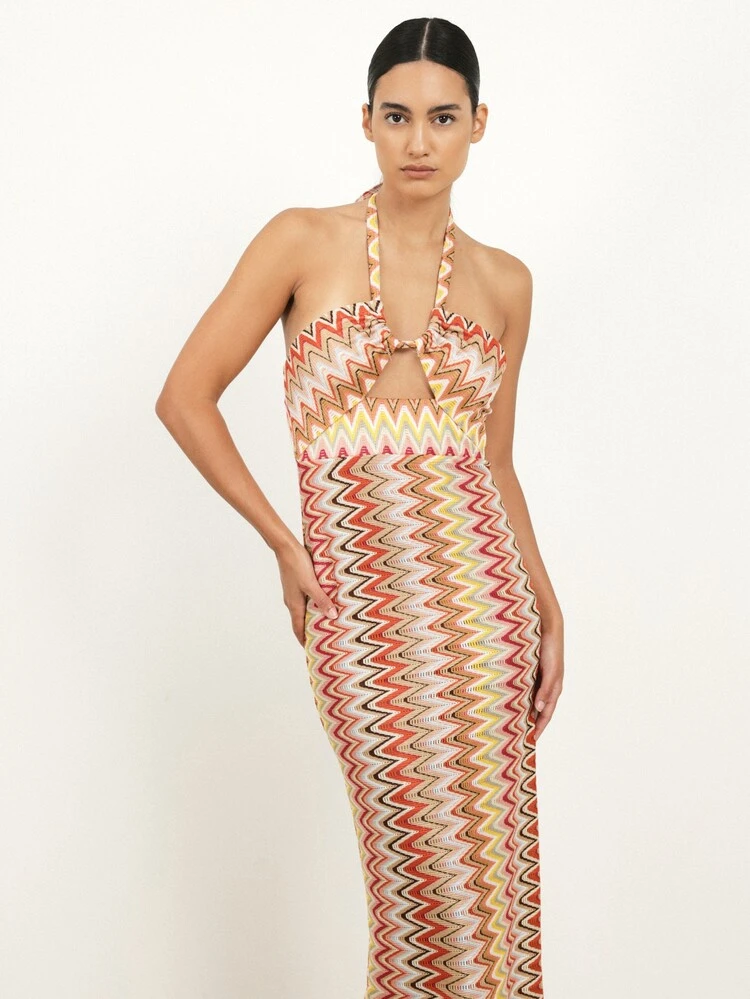 KSTM Halter Neck Multicolor Zig Zag Print Maxi Dress Keyhole Front Cutout Summer Beach Wedding Guest Evening Occasion Sleeveless Long Dress