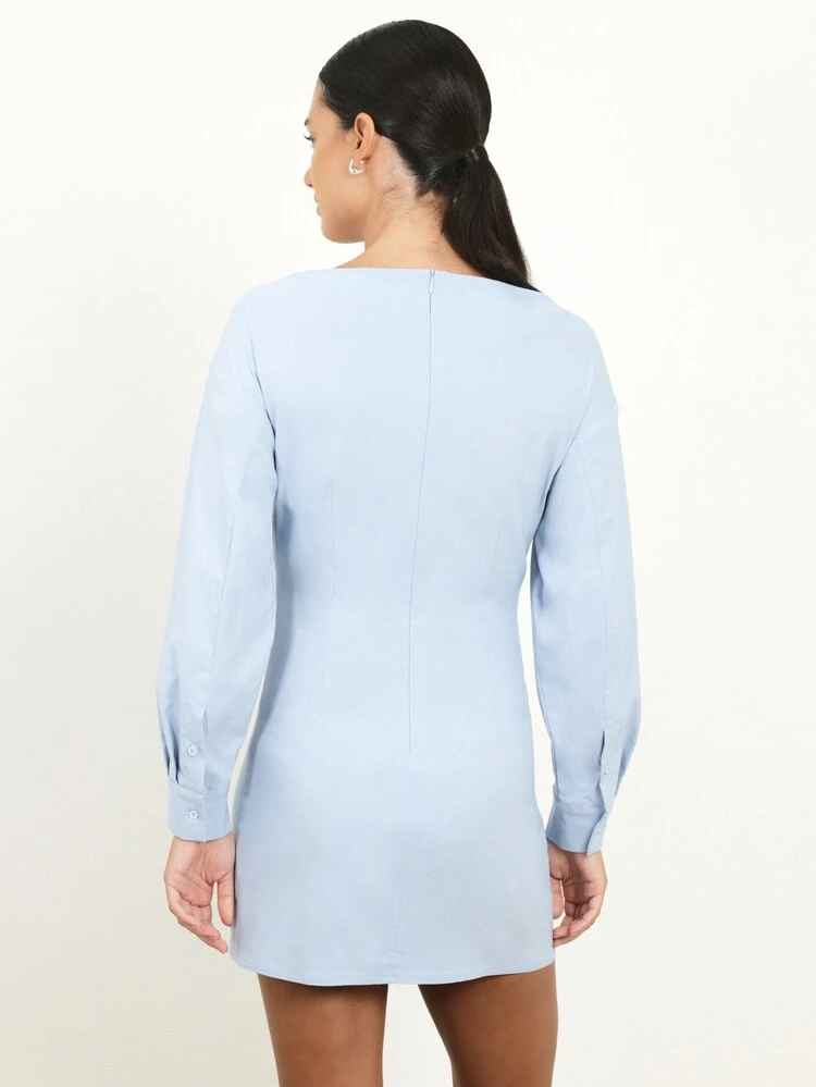 KSTM Light Blue Boat Neck Long Sleeve Mini Dress Perfect For Casual Day Events Spring Summer Occasions Elegant Feminine Style