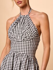 AiiRZ Đầm maxi không tay cổ yếm kẻ caro cho nữ, eo xếp ly và chi tiết buộc dây, thích hợp cho mùa hè, đi nghỉ mát, kiểu dáng midi, hở lưng. - Đen và trắng - Xem 5