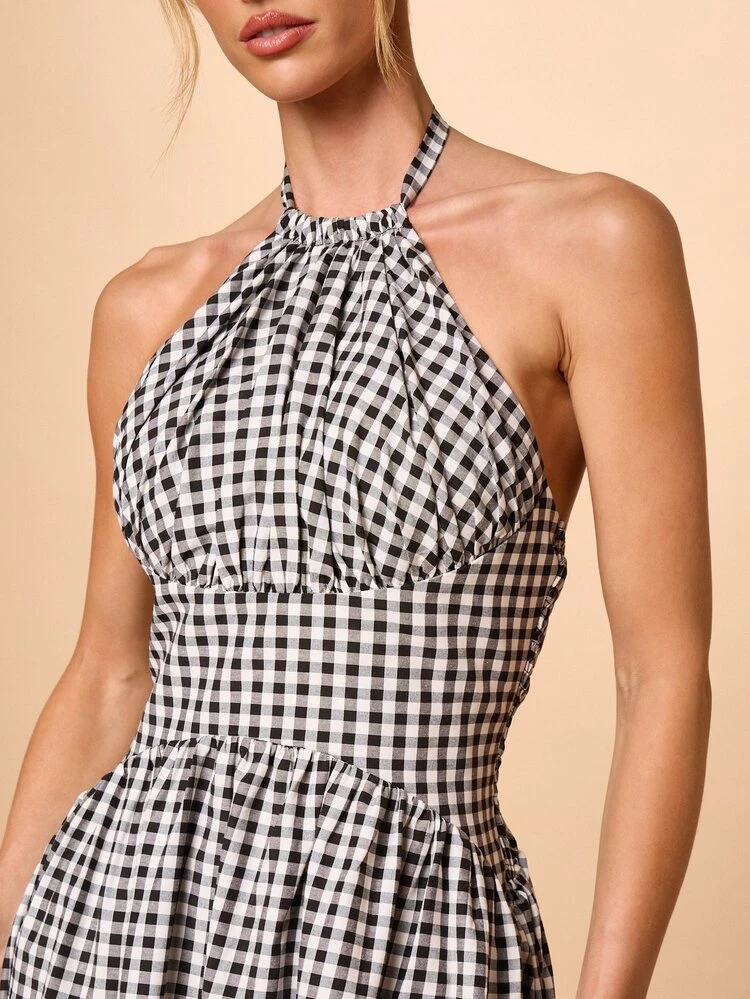 Gingham Halterneck Sleeveless Maxi Dress With Smocked Waist