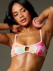 MISSGUIDED Women's Printed Bikini Top With Contrast Pink Binding And Keyhole Cutout Detail Perfect For Beach Summer Vacation Swimming Pool Party - Multicolor - View 4