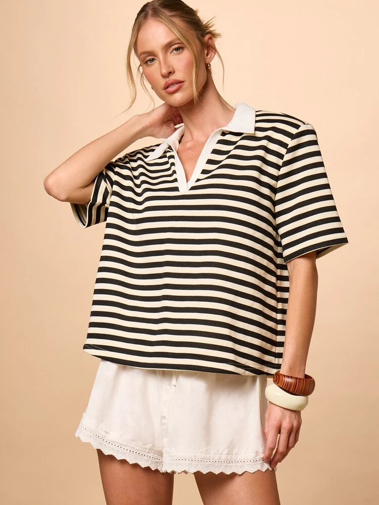 Striped Polo Collar T-Shirt With White Trim