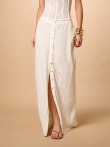 AiiRZ Women's Linen Button Through Maxi Skirt Long High Waisted A-Line Autumn Beach Golf Vacation Boho Girlisim Casual Elegant Flowy Floor Length Pastal - White - View 2