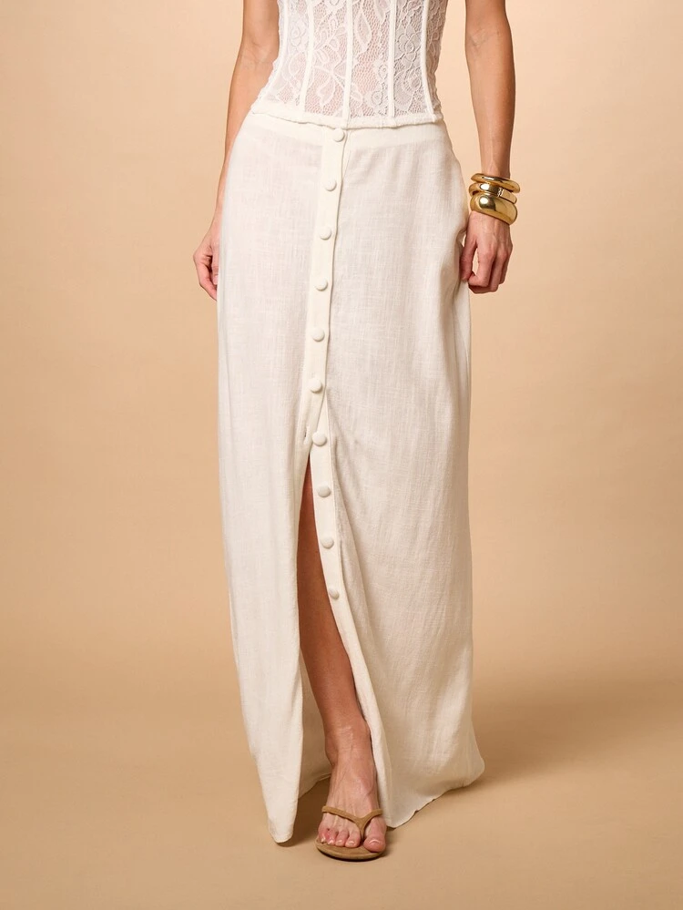 Linen Button Through Maxi Skirt With Front Split