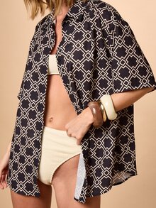 AiiRZ 女士几何印花纽扣短袖衬衫配同款头巾 夏季度假上衣 - 黑與白 - 查看 5