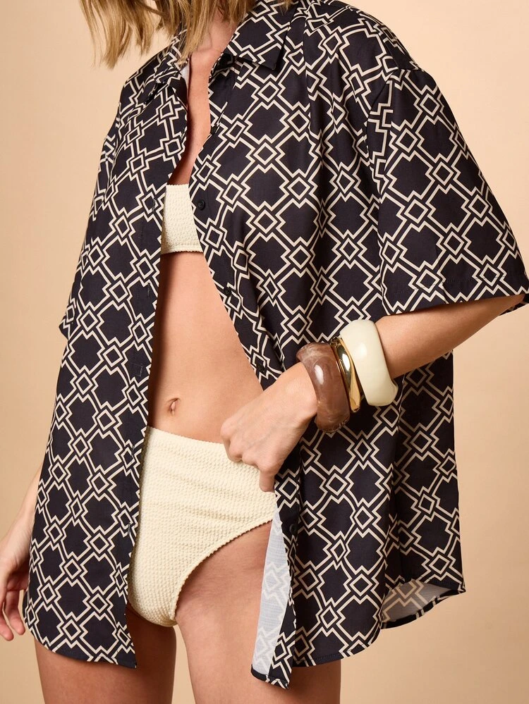 Geometric Print Short Sleeve Shirt With Headscarf