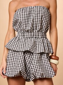 AiiRZ Women's Strapless Bandeau Gingham Check Ruffle Tiered Summer Top With Smocked Waist And Layered Hem Design Golf White Sexy - Black and White - View 5