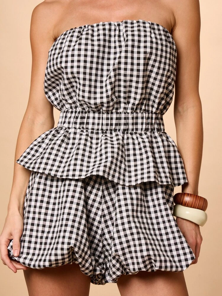Strapless Bandeau Gingham Top With Ruffles