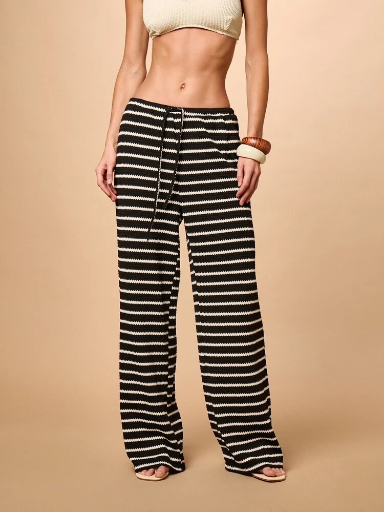 Striped Crochet Wide Leg Drawstring Pants
