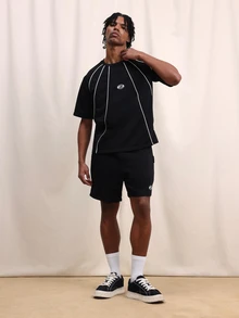 Men's Black Oversized T-Shirt And Shorts Set With White Contrast Piping Detail Sports Casual Summer Coordinate Two Piece Outfit - Black - View 1