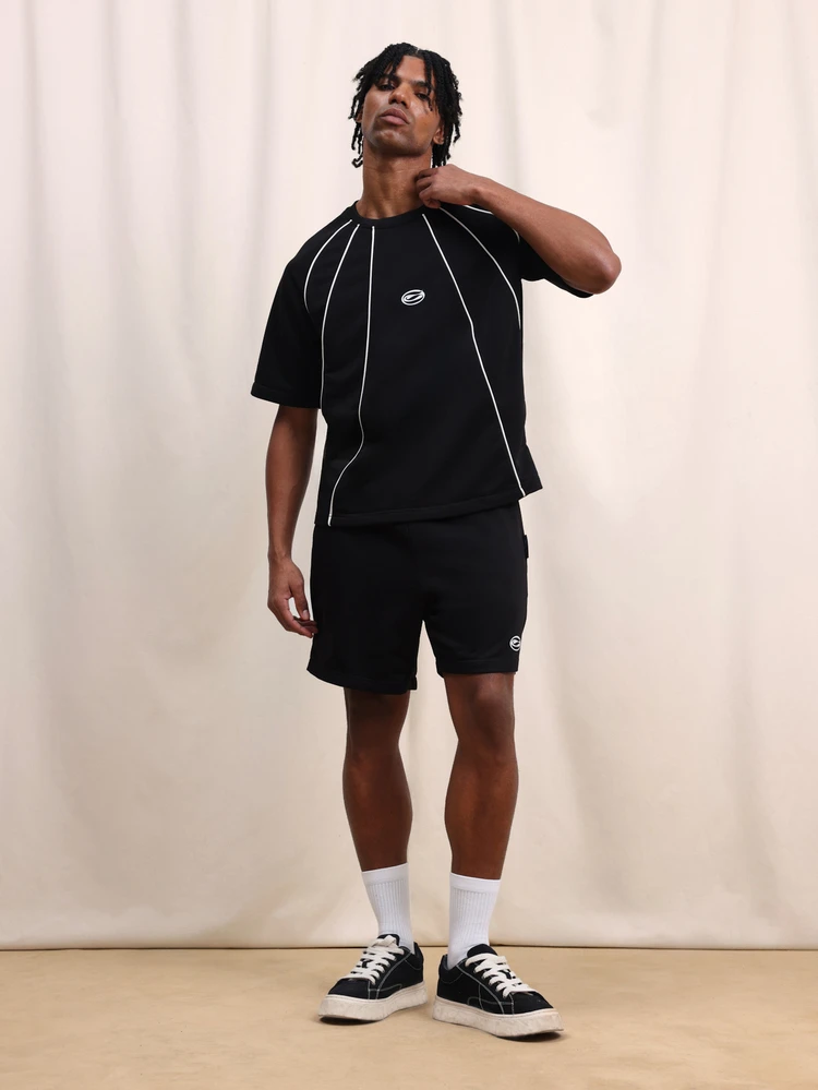 メンズ ブラック オーバーサイズTシャツ ショーツセット ホワイトパイピング スポーツカジュアル 夏 コーディネート 2ピース