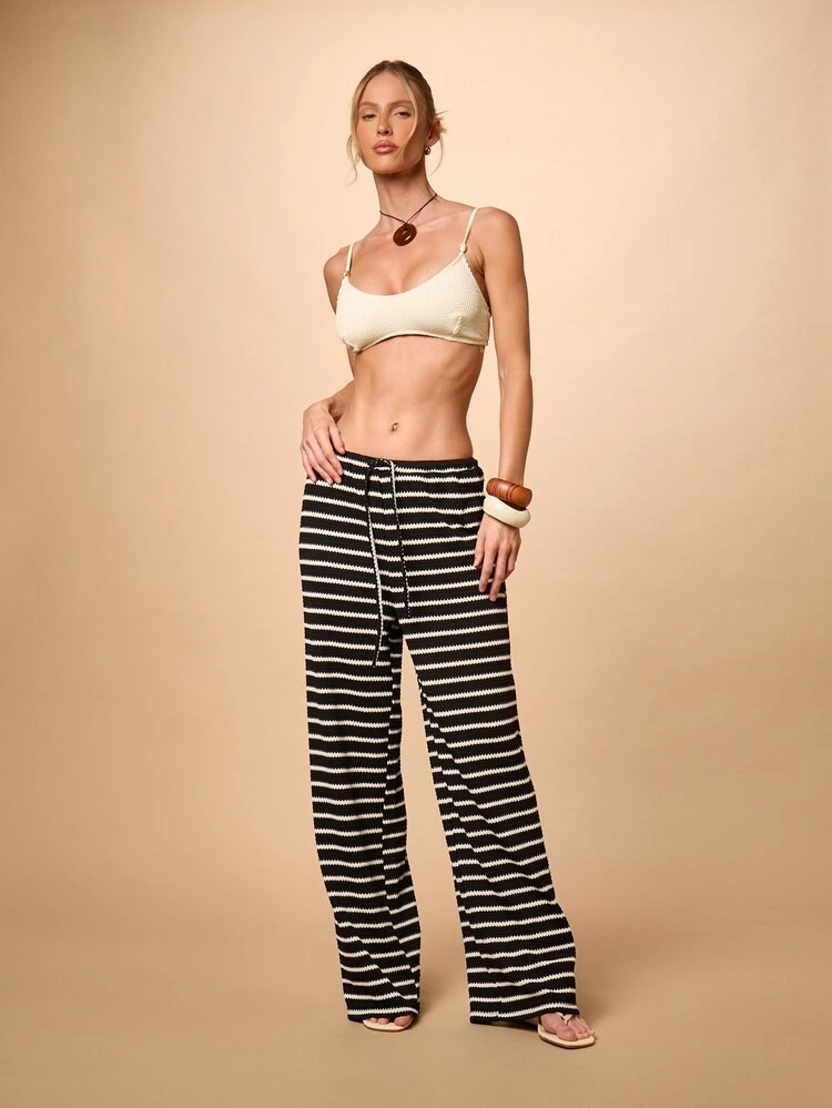 Striped Crochet Wide Leg Drawstring Pants