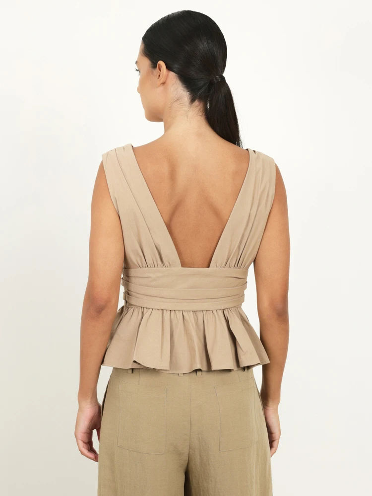 KSTM Women's Deep V Neck Sleeveless Peplum Blouse With Ruched Waist Detail For Spring Summer Occasions