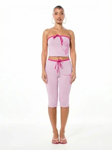 BABYPHAT Áo quây nữ bằng vải jersey với chi tiết buộc dây, kiểu dáng croptop không dây vai, thời trang mùa hè thường ngày. - Màu Lilac Tím - Xem 3