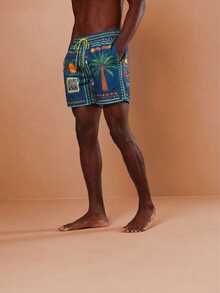 SUMWON Regular Men's Tropical Palm Tree Swim Shorts With Sun And Geometric Prints Beach Vacation Summer - Teal Blue - View 4