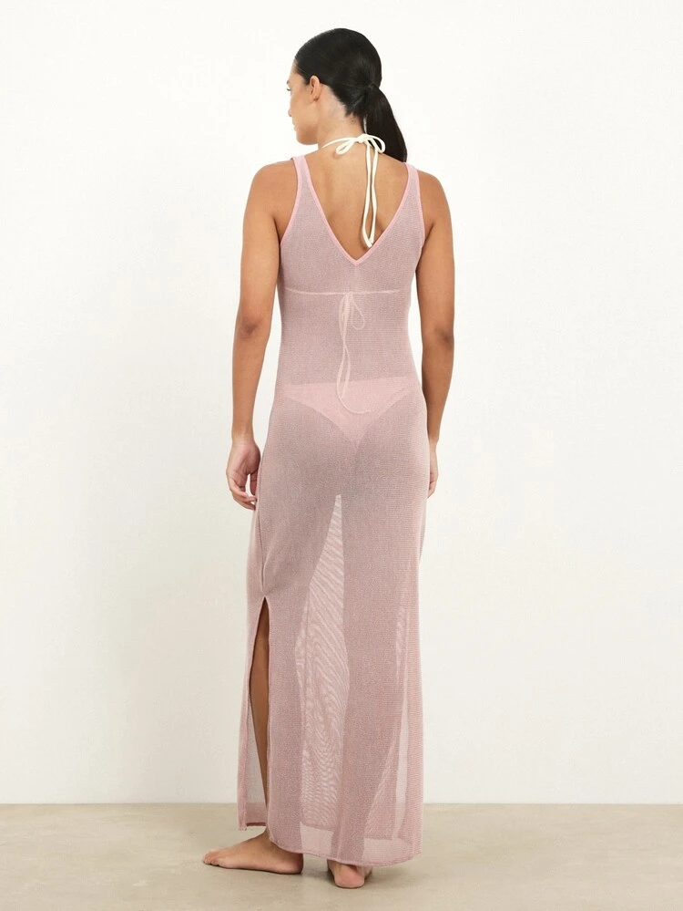 KSTM Women's Deep V Neck Sleeveless Maxi Cover Up Dress With Side Slit And Twist Back Detail Beach Resort Vacation Summer