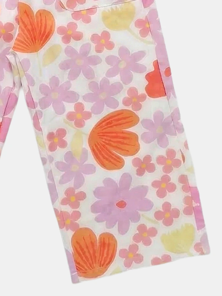 Girls Floral T-Shirt And Wide Leg Pants Co-Ord Set Summer Casual Outfit With All Over Print