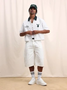 PLAYBOY X SUMWON Men's Tennis Club Cropped Graphic Button-Up Shirt With Green Collar Short Sleeve Summer Tennis Theme - White - View 3