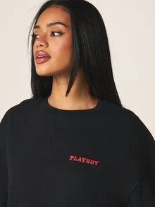 Missguided x Playboy 复古杂志封面超大黑色T恤，背面全印花，女士休闲街头风，七月四日主题T恤 - 黑色 - 查看 5