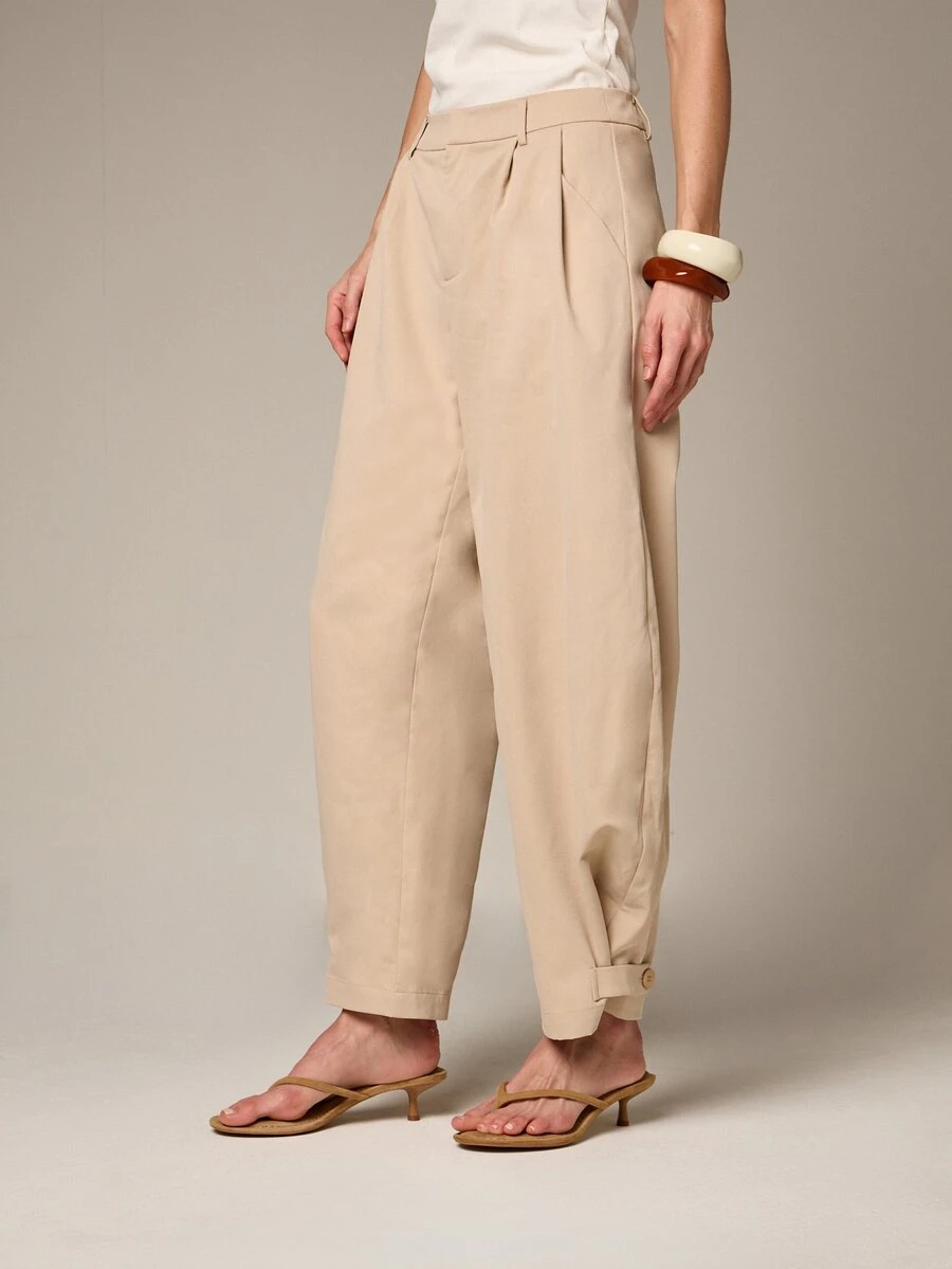 Women High Rise Wide Leg Button Detail Utility Trousers Relaxed Fit Casual Pants With Side Pockets Beige Tapered Ankle Cuffs - Khaki - View 1