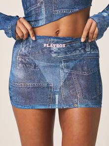 Missguided x Playboy Ensemble deux pièces pour femmes, Top court à épaules dénudées, mini-jupe imprimée, lavage vintage, tenue streetwear, Quatrième Juillet - Bleu azur - Voir 2