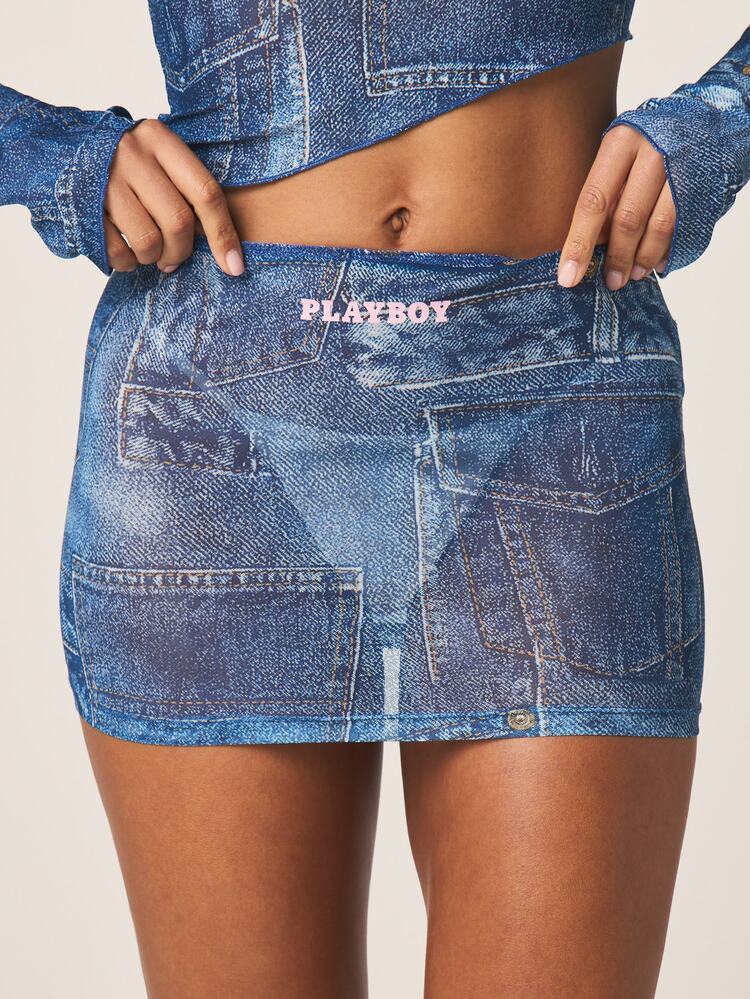 Missguided x Playboy Women Two Piece Co Ord Set Off Shoulder Crop Top Mini Skirt Print Vintage Wash Streetwear Outfit, Fourth Of July