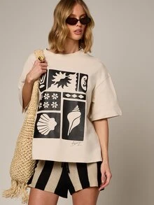 AiiRZ Women's Oversized Sexy Graphic T-Shirt With Abstract Symbol Print White Motif Design Golf Summer - Beige - View 6