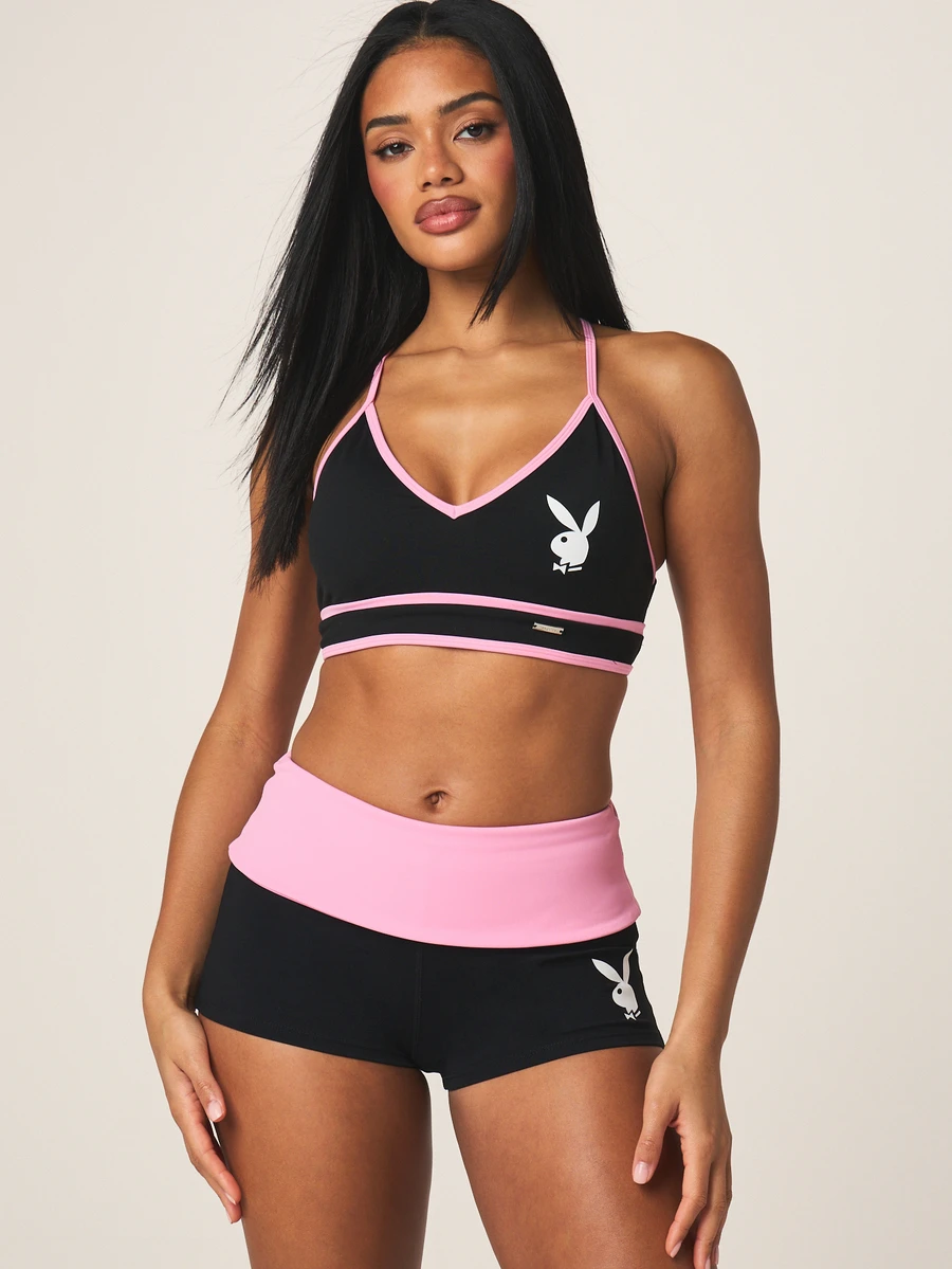 Missguided x Playboy Áo bra thể thao nữ không dây lưng, có logo, thiết kế chéo lưng và viền hồng tương phản. - Nhiều màu - Xem 1
