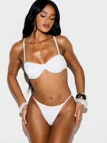 KIZN Textured White Bikini Set With Bandeau Top And Cheeky Bottom For Summer Beach Vacation Poolside - White - View 4