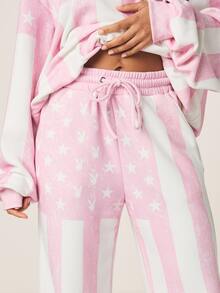 Missguided x Playboy Quần jogger nữ ống rộng, màu hồng trắng kẻ sọc dọc in hình ngôi sao, có dây rút, thích hợp cho ngày Quốc khánh Mỹ (4 tháng 7). - Nhiều màu - Xem 4