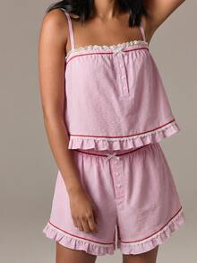 AiiRZ Relaxed Trapeze Pajama Cami Top With Lace Trim Stripe Pattern And Ruffle Hem Button Front Sleepwear - Pink - View 4