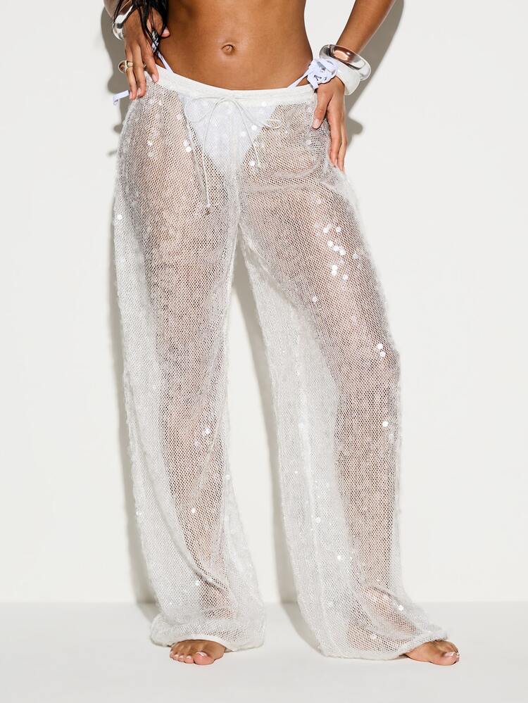 KIZN White Sequin Wide Leg Mesh Trousers