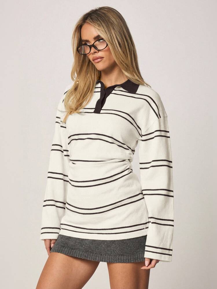 MISSGUIDED Women Striped Cinched Rugby Sweater Top Long Sleeve Collared Pullover Casual Fall Winter Knitwear