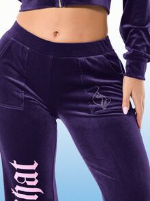 BABYPHAT 女士丝绒阔腿慢跑裤，哥特字母印花，侧边口袋，休闲宽松版型，抽绳运动裤 - 淺灰紫 - 查看 6