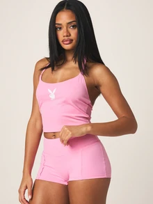 Missguided x Playboy Quần short thể thao cạp cao màu hồng với họa tiết chữ kiểu Gothic dành cho nữ, thích hợp mặc thường ngày vào mùa hè. - Hồng - Xem 4