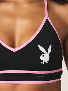 Missguided x Playboy Áo bra thể thao nữ không dây lưng, có logo, thiết kế chéo lưng và viền hồng tương phản. - Nhiều màu - Xem 5
