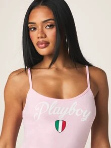 Missguided x Playboy 女款粉色義大利圖案挖肩細肩帶貼身迷你洋裝，夏季派對夜店風，2026世界盃運動賽事街頭風球衣裙 - 粉色 - 查看 2